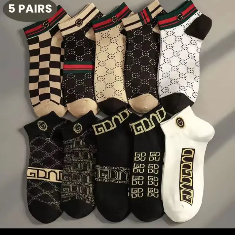 Shoes - 5 Pairs of Stylish Socks with Various Patterns and Designs Including Checkerboard and Geometric Patterns