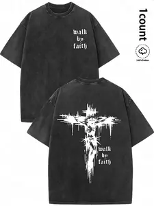 Men's Fashion Letter & Cross Print Crew Neck T-Shirt, Pure Cotton Casual Short Sleeve Top, Summer Daily Wear, Comfortable Soft Fabric