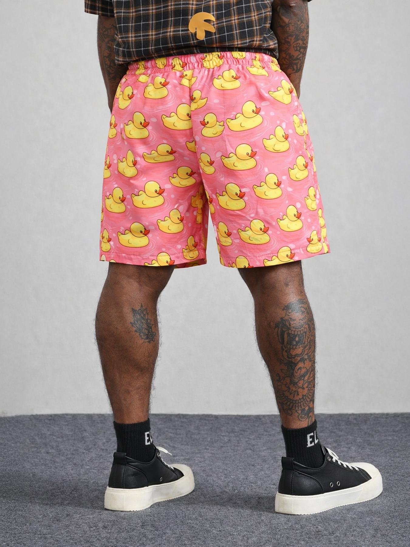 Swim Shorts for Men Funny Duck Print Drawstring Beach Trunks Cartoon Bathing Suit Novelty Board Shorts Mid Length Pool Party Vacation Beachwear Playful Resort Swimwear Casual Holiday Outfit