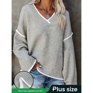 Plus Size Solid Color V Neck Loose Knit Pullover Sweater, Casual Fall & Winter Fashion, Comfortable Oversized Fit for Women