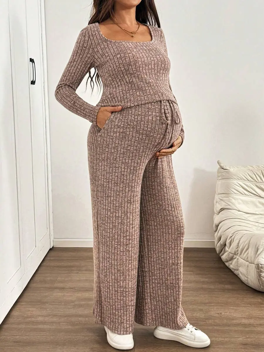 Maternity Solid Color Square Neck Long Sleeve Ribbed T-Shirt And Pants Casual 2-Piece Set Fall