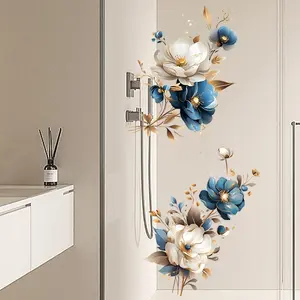 New Butterfly Blue Flower Decorative PVC Sticker, Wall Decal for Bedroom Living Room, Floral Decoration