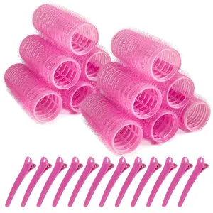 12 Pack Small Self Grip Hair Rollers for Women with Clips, Pink