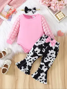 Cute Baby Girl Set, Baby Clothing, Bubble Sleeve Romper, Floral Bell Bottoms, Bow Hair Accessory, Casual Fall Style