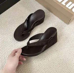 Minimalist Brown Wedge Thong Sandals, Women Casual Platform Flip Flops, Soft Comfortable Wedge Slippers, Non-slip Summer Footwear, All-match Shoes for Travel & Daily Wear