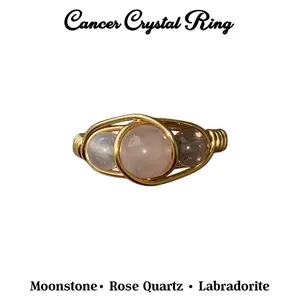 Cancer Zodiac Crystal Ring Rose Quartz Moonstone Labradorite Ring June July Birthstone Jewelry for Emotional Security and Heart Centered Living