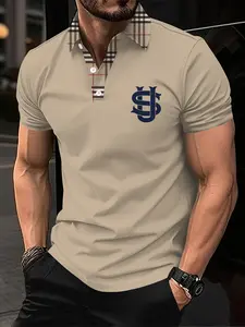 Men's Plaid Polo Shirt with Us Logo Print, Casual Slim-Fitting Short Sleeve Top, Summer Business Leisure Wear, Light Luxury Style