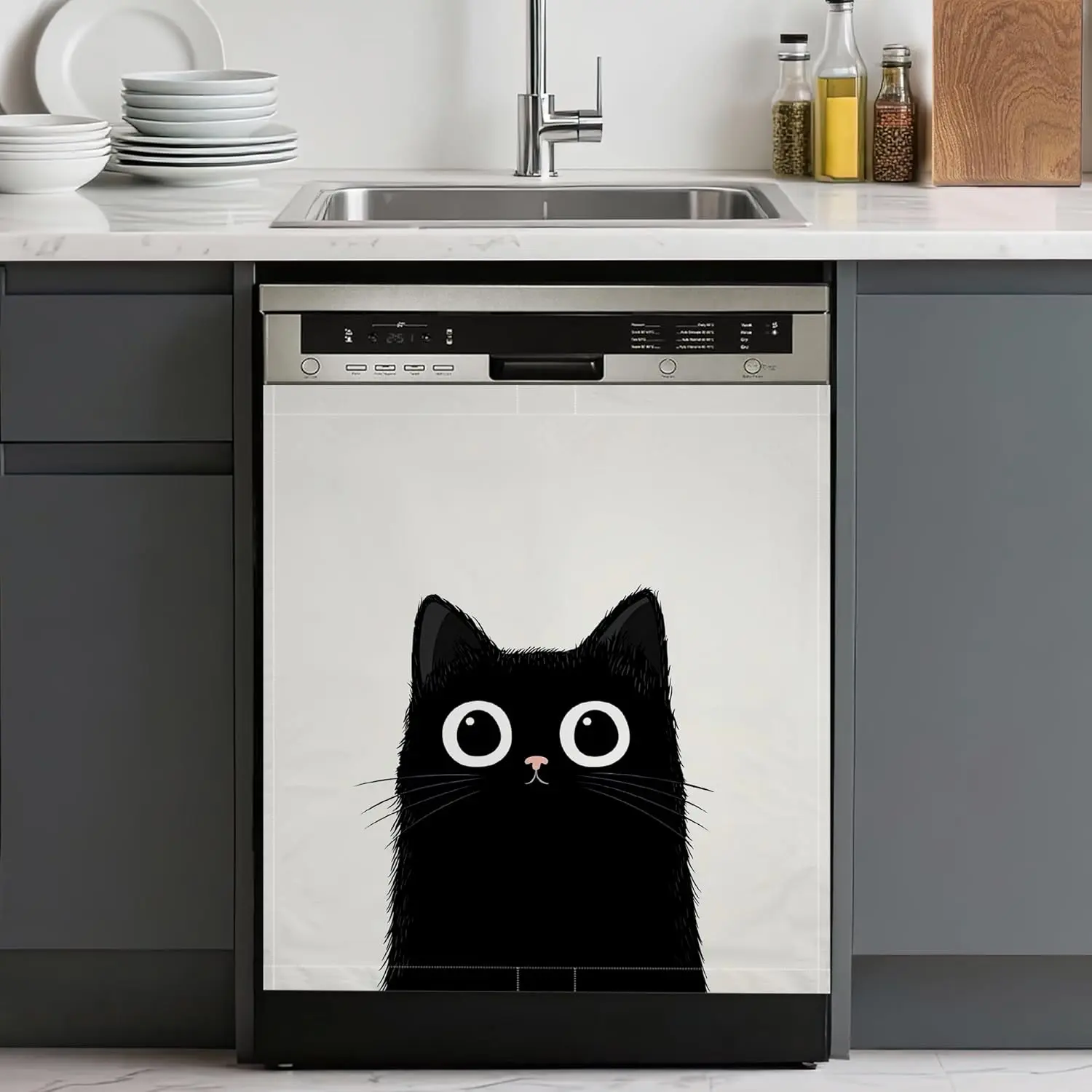 Magnetic Dishwasher Cover for Kitchen Decor Black Cat,Washable Removable Front Panel Appliance Cover,23 x 26 Inch