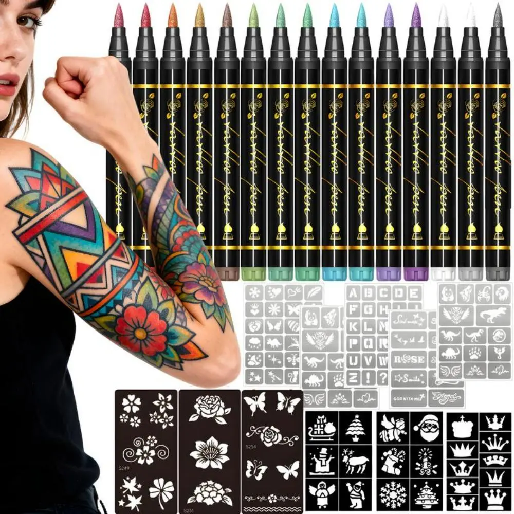 15-Color Highly Pigmented Temporary Tattoo Markers Kit, Flexible Brush Tips, Gentle Skin-Safe Cosmetic Formula for All Skin Types, Halloween Face Paint