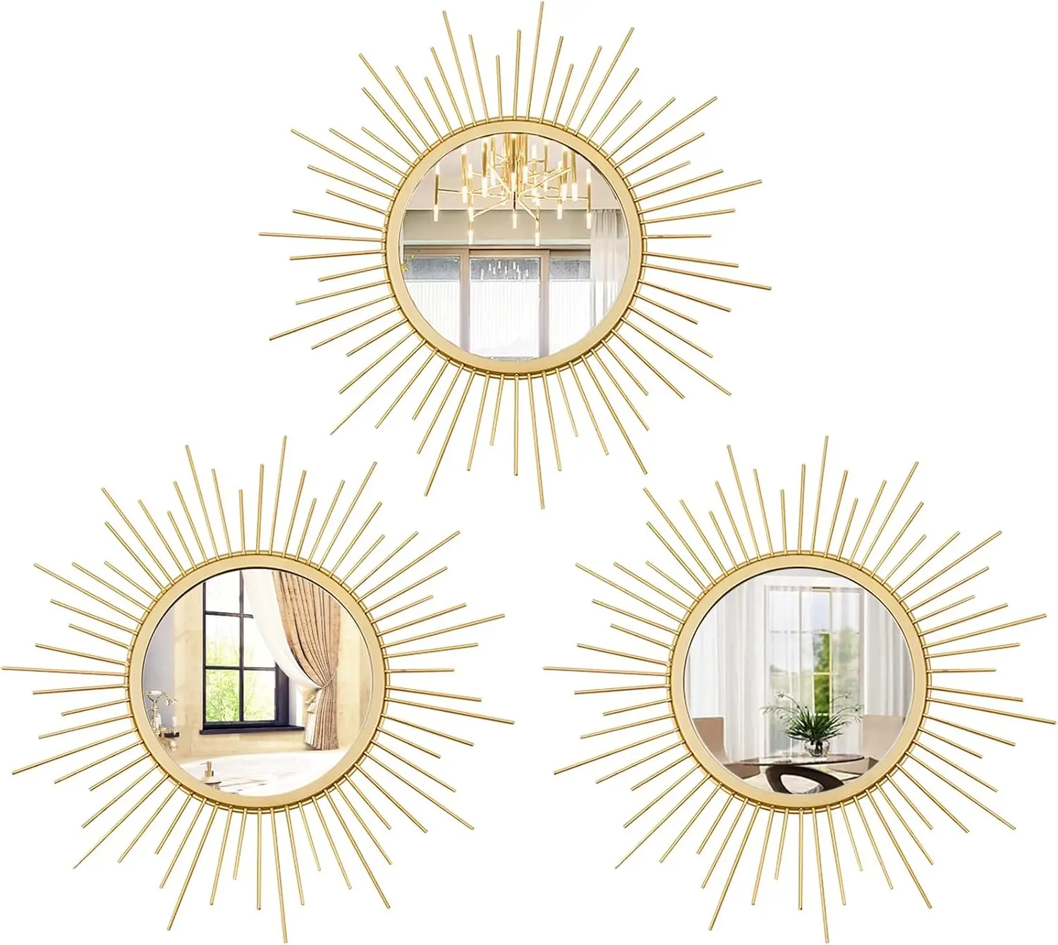3 Set Gold Sunburst Mirrors for Wall Decorative Metal Wall Hanging Decor and Accent 12.2"L x 12.2"W