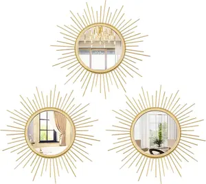 3 Set Gold Sunburst Mirrors for Wall Decorative Metal Wall Hanging Decor and Accent 12.2"L x 12.2"W