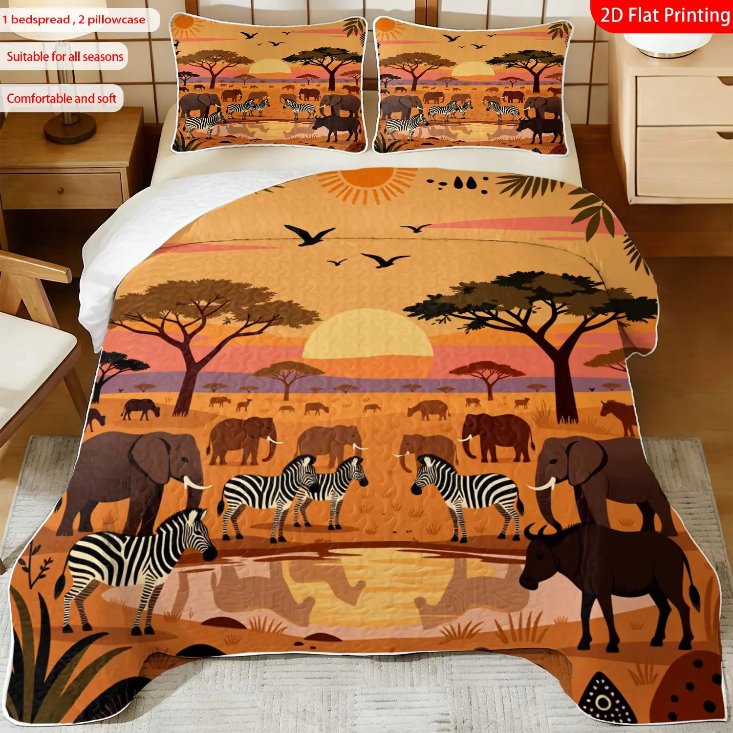 3pcs, 2D flat print African savanna animal pattern Bedspread Set, featuring elephants zebras sunset landscape, multiple sizes available, bedding set, festive decorative bedding, ideal for bedroom décor(1 bedspread , 2 pillowcase)