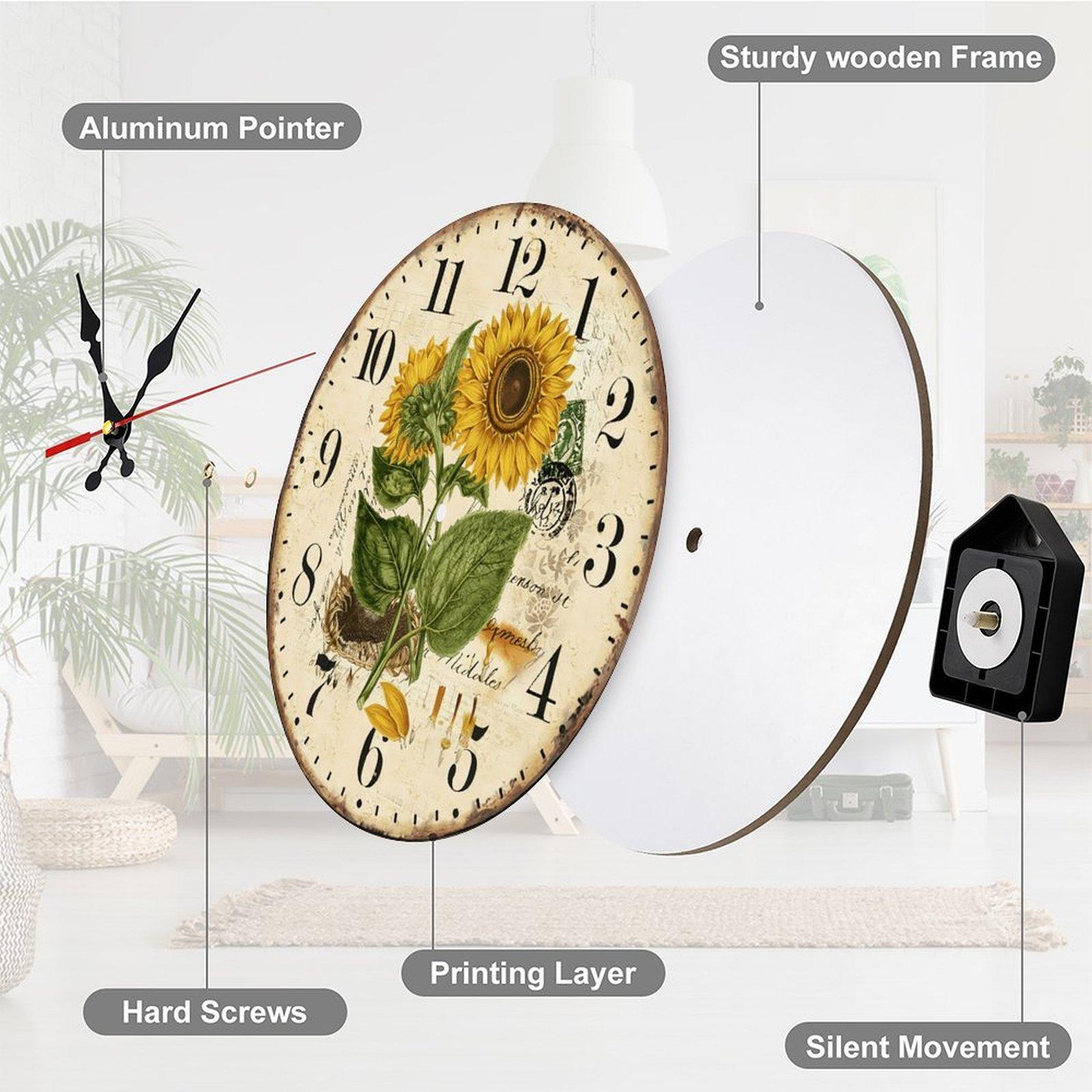 12 Inch Retro Sunflower Wall Clock | Silent Sweep Movement Vintage Botanical Design, Battery Not Included, Ideal for Cafe, Home Office, Guest Room Decor
