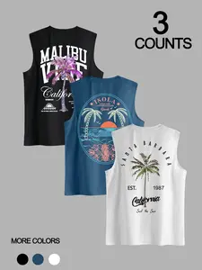 Men's 3-Piece Retro Beach Surf Tropical Coconut Tree Sunset Print Round Neck Sleeveless T-Shirt, Casual Comfortable Top for Summer Outdoor Fitness