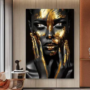 Wooden Frame Vibrant African Queen Canvas Wall Art Golden Black Woman PortraitPrint for Living Room Abstract Canvas Wall Art -Home Office Decor Poster Decoration Ornaments Artistic Photo  Abstract Face Design Home Ornaments Decoration