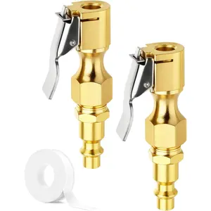 2-Pack Heavy Duty Air Chuck Set, 1/4" FNPT Closed Flow Tire Chuck Inflator Nozzle, Compatible with Schrader Valves, Quick Connect Plug, Pure Brass.