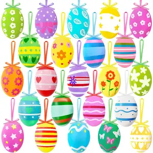 24 PCS Easter Eggs Ornaments,Multicolored Easter Tree Hand Painted Eggs Decoration for Hunt Basket Stuffers Party Favors