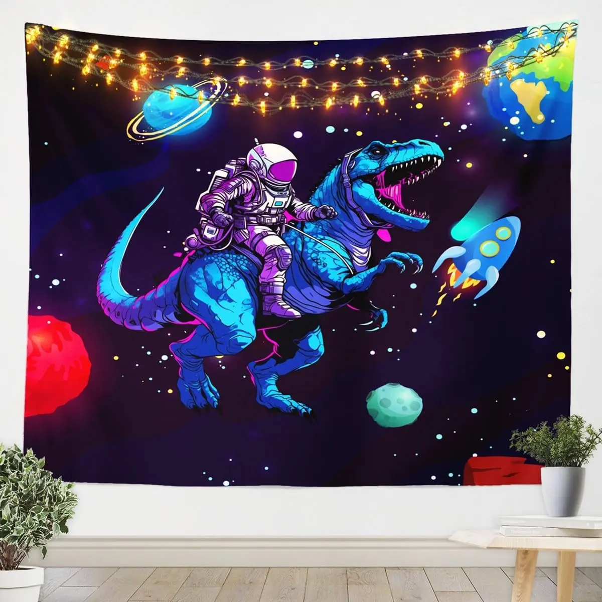 Feelyou Dinosaur Theme Wall Tapestry - Lightweight Bright Home Textile Wall Decor, Space-Themed Hanging Art with Astronaut, Rocket, Cosmonaut, Spaceman, Universe Planets for Living Room, Dinosaur Theme Tapestries