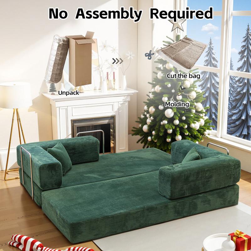 78.7'' Convertible Sleeper Sofa Bed with Cylindrical Pillow Corduroy Folding Mattress Couch Fixed-Shape Frame for Living Room Bedroom Studio Fully Assembled