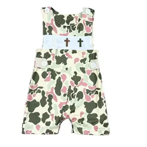 Baby Boy's Sleeveless Camo Print Easter Romper - Cross Embroidery, Shoulder Button Closure, Spring Holiday Party Outfit