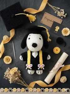 Pocket Size 3.9" Graduation Dog Crochet Toy - Cute Amigurumi White Puppy with Cap and Gown - Small Desk Decor Grad Keepsake