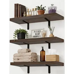 LifetimeWarranty Easy Install Wall Shelves with Brackets,15.7 Inch Wall Mounted Wood Floating Wall Shelf, Small Wall Shelf for Storage&Home Decor, Living Room,Kitchen,Office,Book Corner Shelf,Set of 3