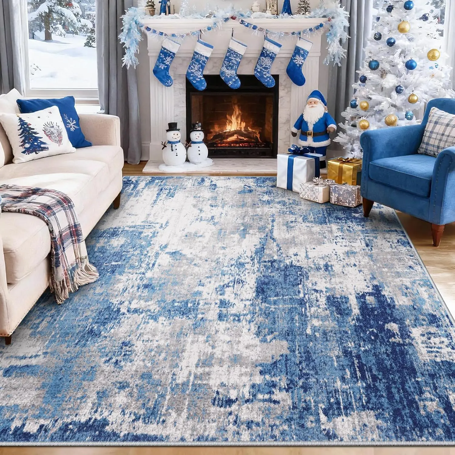 Modern Abstract Fluffy Area Rug - Non-Slip Home Decorative Machine Washable Rug for Living Room, Bedroom, Blue Grey Navy Gray Print, Home Decorative Rugs