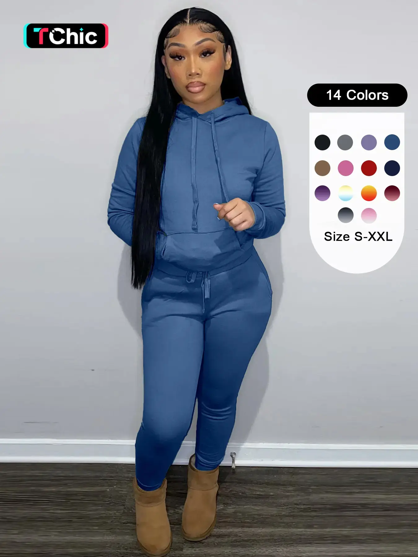 Women's Solid Drawstring Hoodie & Pocket Sweatpants Two-piece Set, Casual Long Sleeve Hooded Sweatshirt & Trousers for Fall & Winter, Women's Clothes