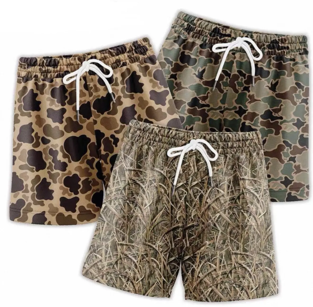 Camo shorts, Pack 3 Duck Hunting Camo Shorts - 5 Inch Inseam Camo Mesh Design for Men, Breathable & Comfortable
