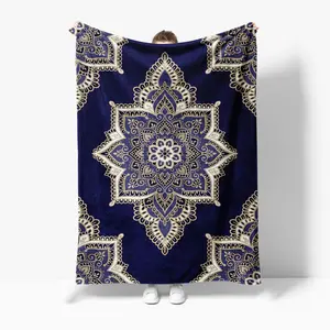 Gold Embroidered Mandala Blanket – Navy Blue Fleece Throw for Home Decor, Meditation & Gifts