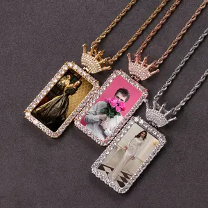 Customization HipHop Jewelry Memory Medallions Photo Necklace Iced Out Cubic Zircon Rectangle Custom Crown Hook Picture Frame Pendant Necklace