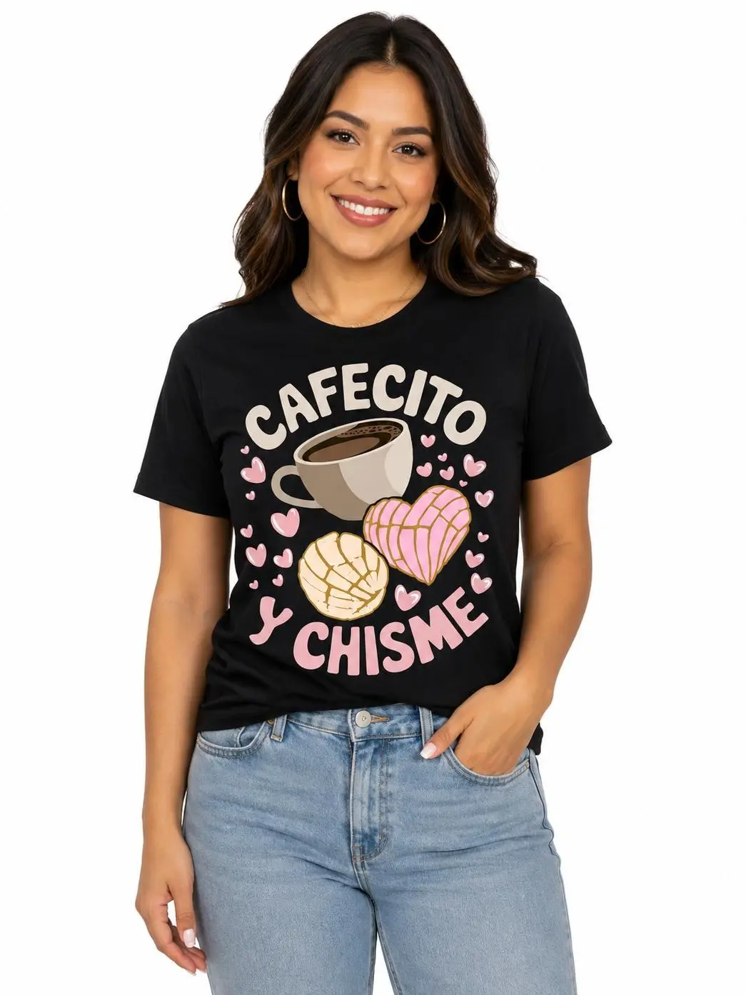 Women's Casual "Cafecito y Chisme" Graphic Print T-Shirt, Retro Mexican Inspired Cotton Top with Short Sleeves for Everyday Style