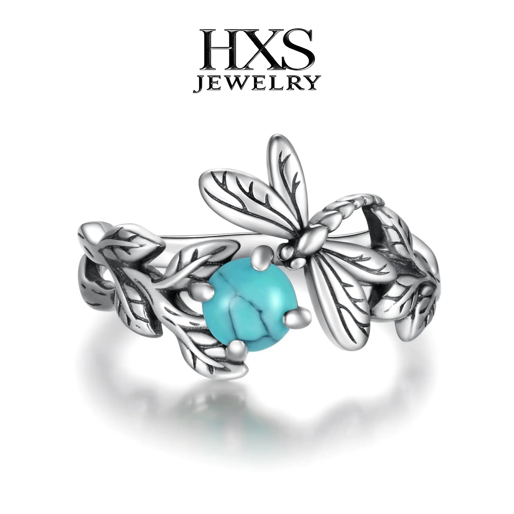 Women's S925 Sterling Silver Decorated Ring - Antique Oxidized Finish, 3D Sculpted Dragonfly Motif, Round Turquoise Stone, Delicate Carved Vine-Leaf Hollow Detailing, Elegant Boho Design, Daily Everyday Jewelry for Females