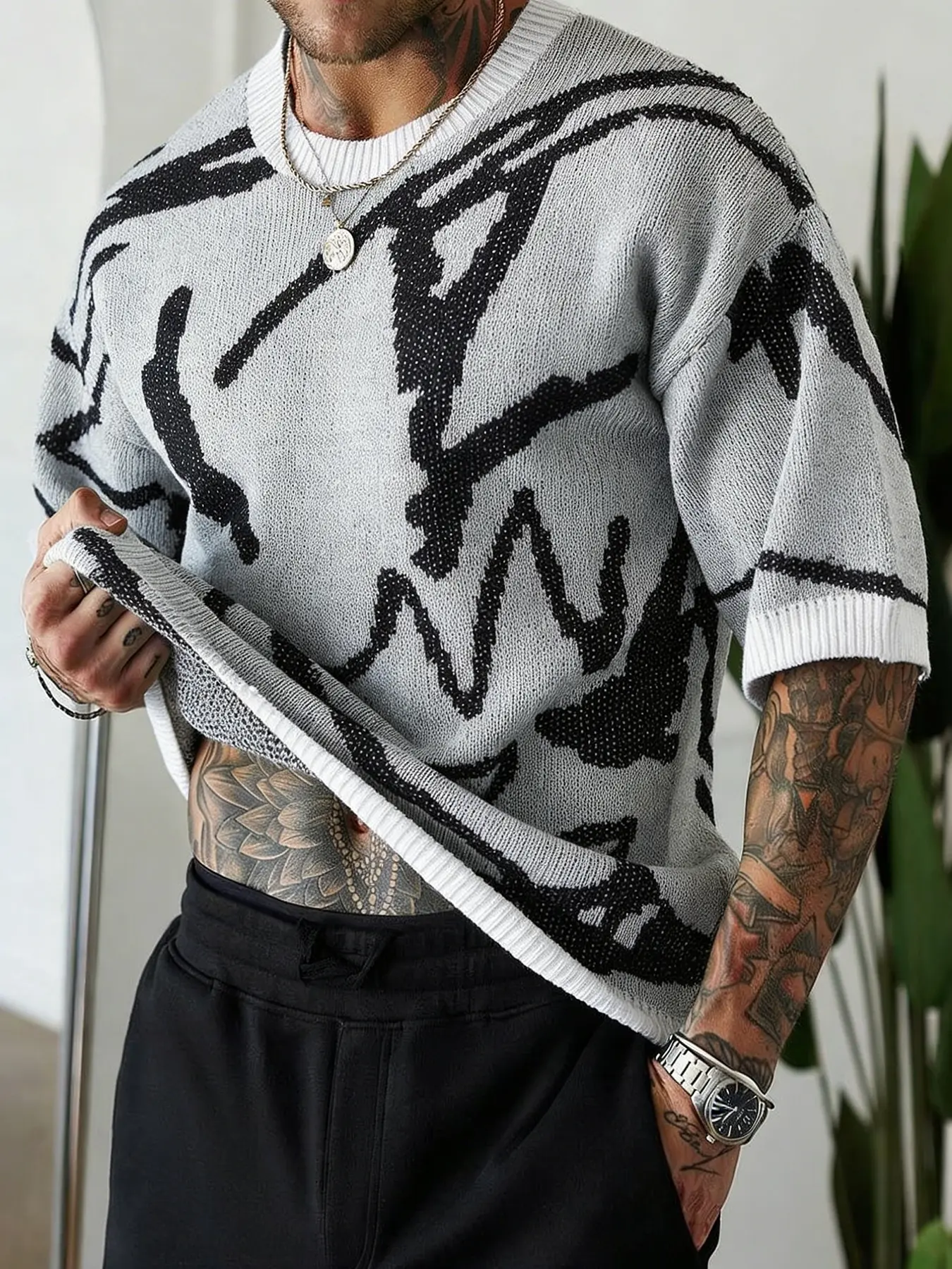Men's Short Sleeve Geometric Knitted Sweater, Comfortable and Stylish, Lightweight Knitwear for All Seasons, Perfect Match for Casual and Formal