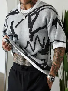 Men's Short Sleeve Geometric Knitted Sweater, Comfortable and Stylish, Lightweight Knitwear for All Seasons, Perfect Match for Casual and Formal