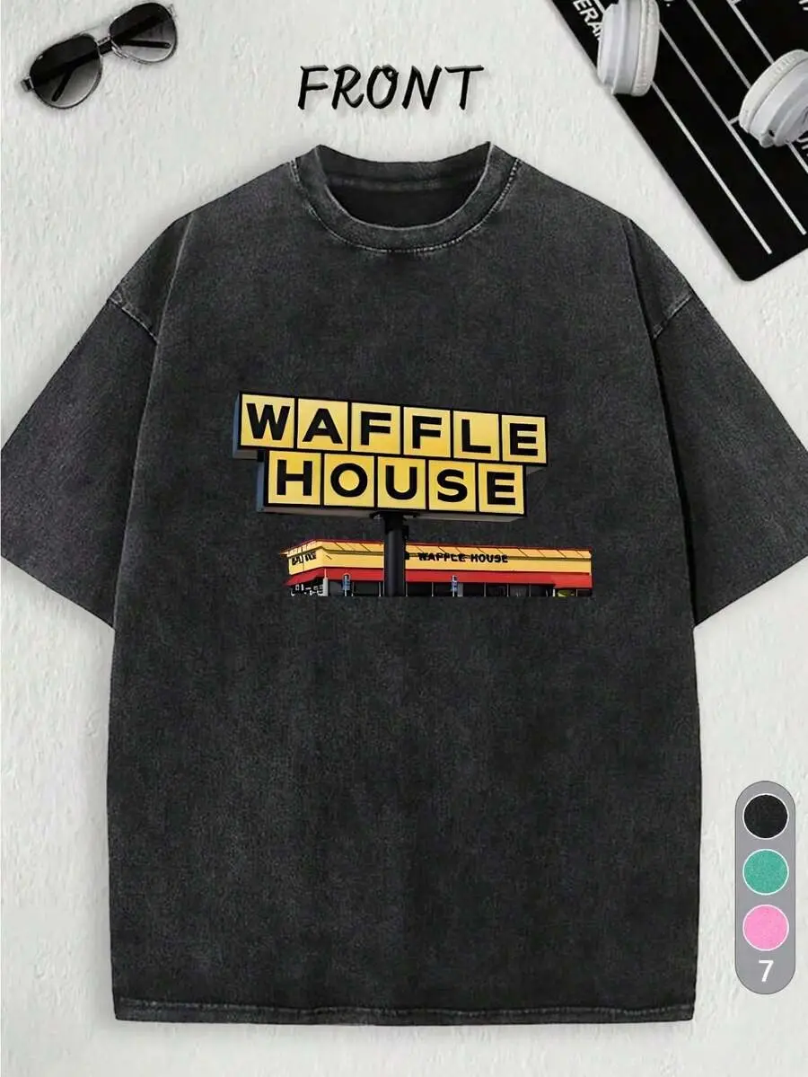 T-Shirt With Waffle House Pattern Print, Vintage Distressed Washed Couple T-Shirts, Men And Women T-Shirts, Fashion, Commuting, Sports, Soft And Comfo