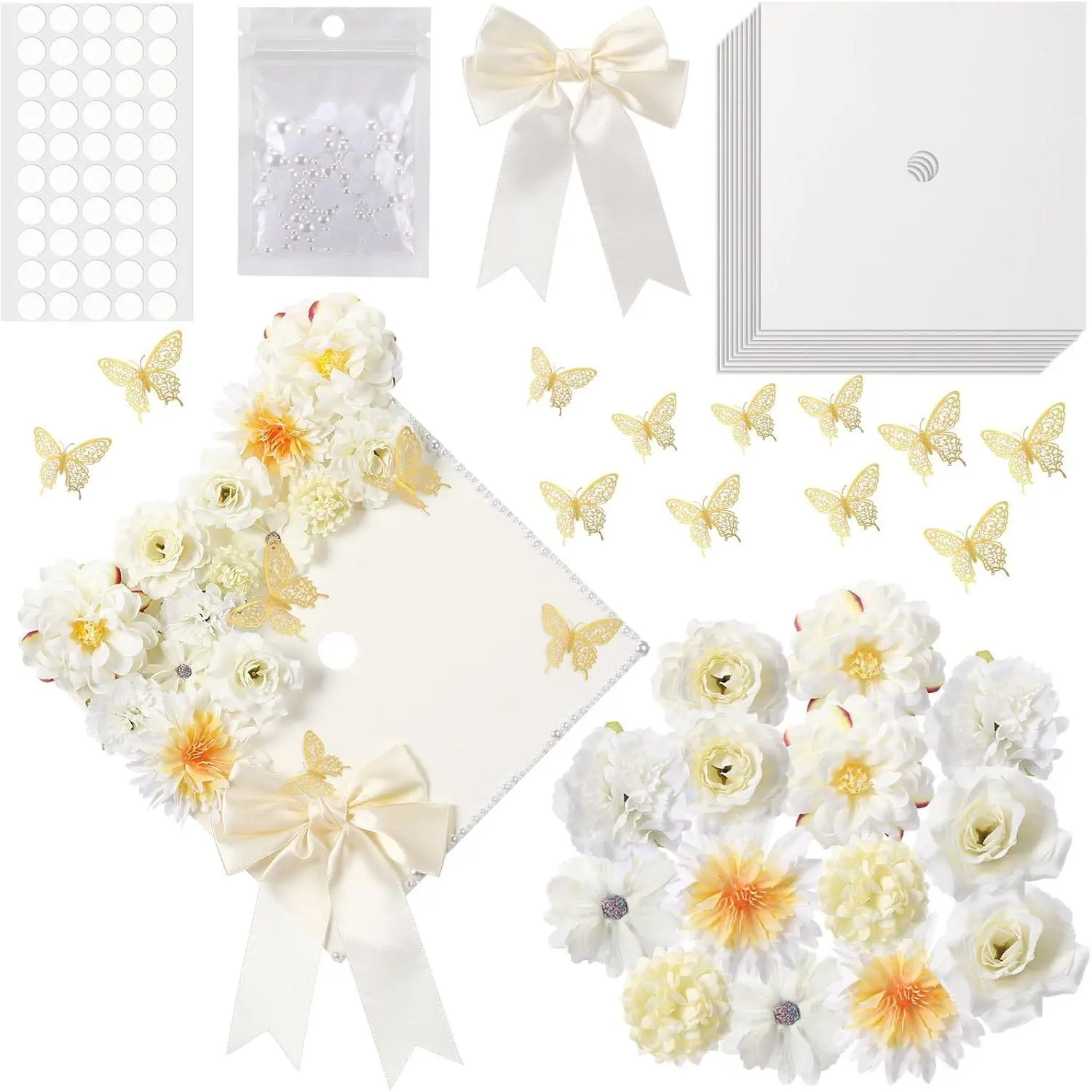 Beige 41-Count DIY Graduation Cap Decoration Kit for Graduation Ceremony, 9x9 Inches Grad Cap Topper with Synthetic Faux Bows, Cardboard Cream Construction Paper, Creative and Interesting Butterfly Stickers, Adhesive Dots