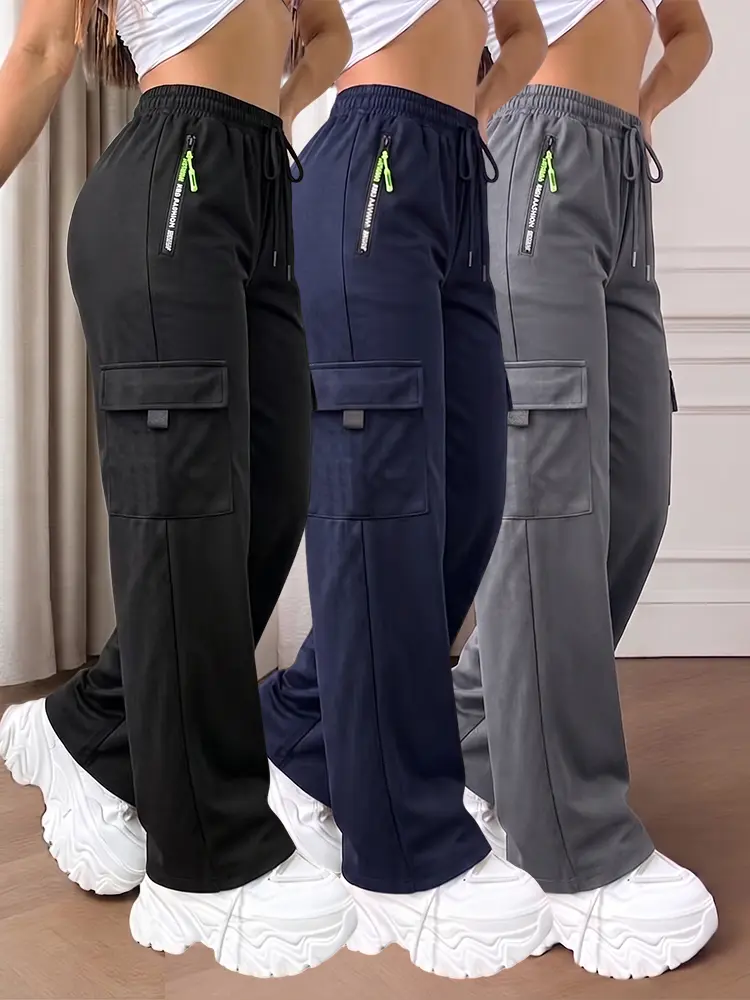 Women's Casual Cargo Jogger Pants, Elastic Waist Drawstring Straight Leg Trousers with Neon Zip Detail
