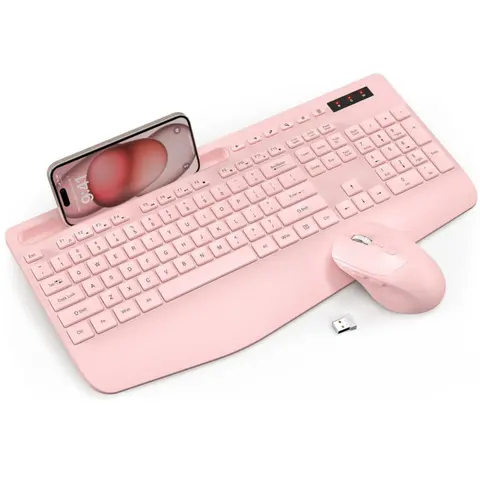 SABLUTE KM23D (KC213) 2.4GHz Wireless Ergonomic Keyboard and Mouse Combo - Battery-Powered, Non-Bluetooth, Full-Size, Wrist Rest, Phone Holder, Smart Sleep Mode, Hotkeys, 6-Button Ergonomic Computer Mouse, Energy-Saving for PC/Laptop