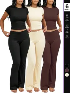 2026 Women's two-piece ribbed knit loungewear set, short-sleeved crop top, high-waisted flared pants, casual matching set, with lace trim on the cuffs