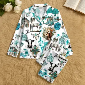 Western Cowgirl Pajama Set, Cowgirl Aesthetic Pajama Satin Set Turquoise Horses, Boots & Cactus Satin Pajamas