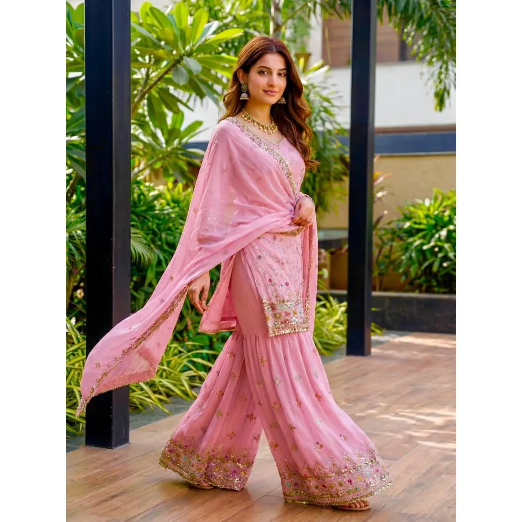 Premium Faux Georgette Embroidered Sharara Set 3-Piece Festive Suit for Women Heavy Thread Sequence Zari Work Ready to Wear Glam for Eid Diwali Wedding Mehendi Parties