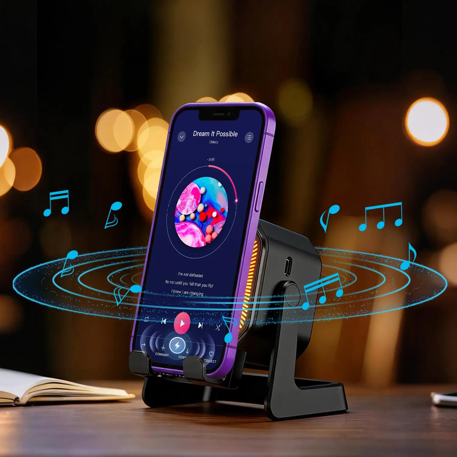 Multifunctional Wireless Bluetooth Portable Speaker Stand - 5-in-1 USB Type-C Charging Holder for Smartphones/Tablets, 1500mAh Built-in Battery, 360° Adjustable, Ambient Light Glow, Declutter Desk Solution, Gift for Adults