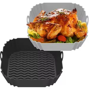 Silicone Air Fryer Pot Tray, Food Safe Reusable Square BBQ Barbecue Pad, Plate Airfryer Oven Baking Mold Basket Pan for Kitchen