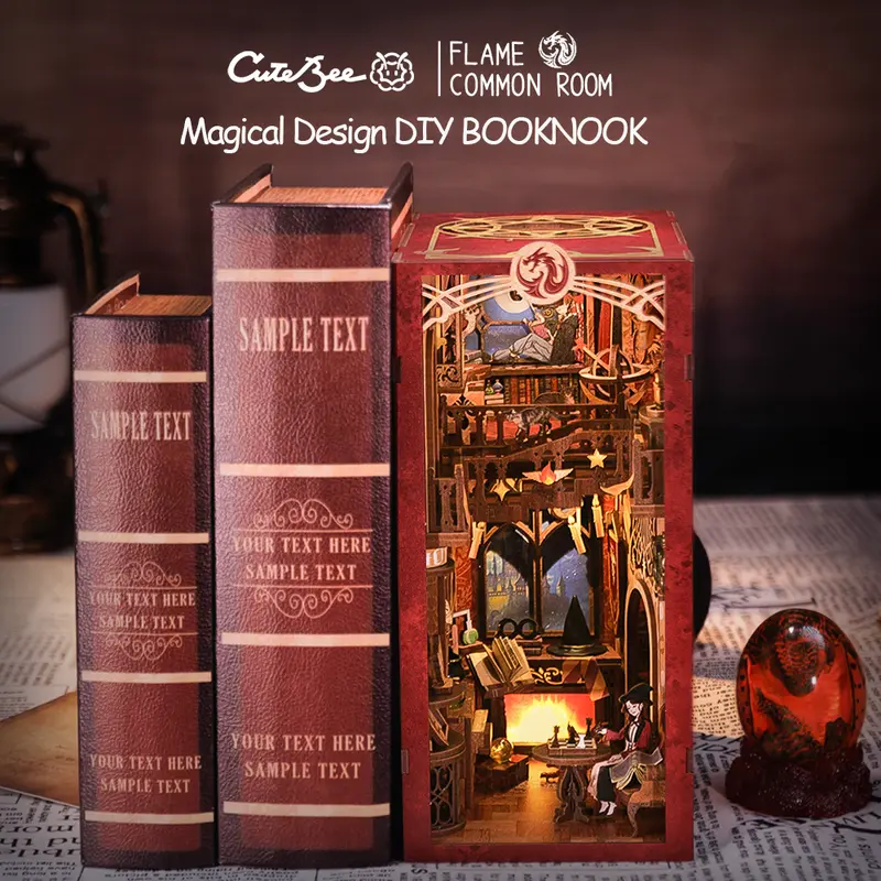 CUTEBEE DIY Wooden Magic Miniature Dollhouse Kit (1 Kit) - AAA Battery-Powered LED Light, Doll Playsets, Play House Set, Wizard’s Bay Window, Adult Craft Toy, Dragon & Chess Flame Common Room Decor