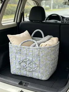 Blue Floral Quilted Car Storage Basket with Ruffle, Large Capacity Tote Bag, Multi-Purpose Picnic & Grocery Handbag for Women, Travel Accessories