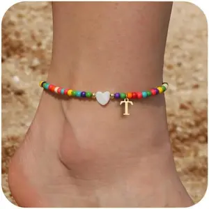 Ankle Bracelets for Women Initial Anklets Waterproof Boho Beaded Dainty Ankle Bracelets for Teen Letter Heart Handmade Adjustable Foot Chain Anklet Summer Vacation Colorful  Gift