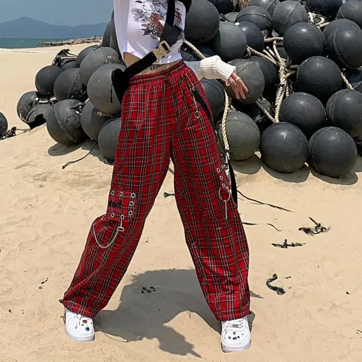 Punk Cargo Pants Women Harajuku Red Plaid Pant Egirl Hip Hop Checkered Trousers Streetwear Goth Emo Grunge Clothes  High Waist