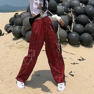 Punk Cargo Pants Women Harajuku Red Plaid Pant Egirl Hip Hop Checkered Trousers Streetwear Goth Emo Grunge Clothes  High Waist