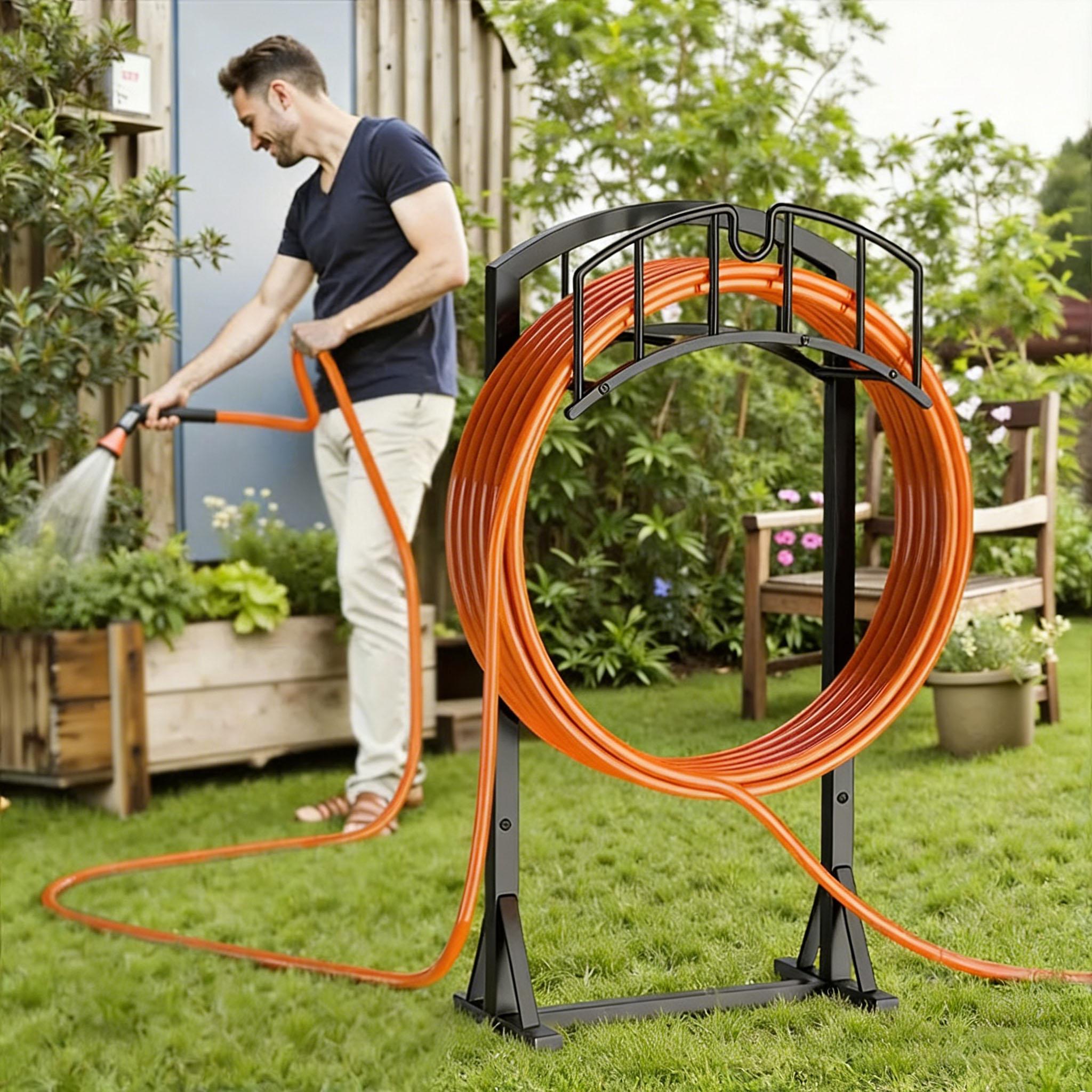 Garden Hose Holder Metal Water Hose Storage Stand Freestanding Water Hose Organizer Rack  for Outdoor Yards Farms and Lawns（Without a hose）